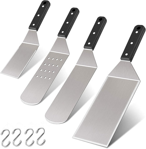 Metal Spatula Set of 8, Leonyo Stainless Steel Griddle Turner Scraper for Flat Top Grill Teppanyaki Cast Iron BBQ Cooking Pancake, Heavy Duty & Dishwasher Safe, Attach 4 Hanging Hooks, Great Men Gift