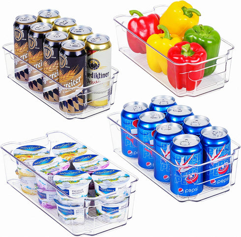 Set of 4 Refrigerator Organizer Bins - Plastic Refrigerator Storage Bins with Handle - Fridge Organizers and Storage Clear for Pantry, Kitchen, Freezer, Cabinet Organization, BPA Free - FOOYOO