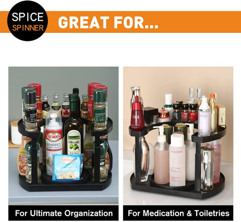Aeakey Spice Rack storage,Spice Spinner Two- Tiered Lazy Susan Turntable Spice Rack Organizer Rotating Spice Holder For Cabinet And Storage,Holder That Saves Space,Height Adjustable,Fridge,Closet,Kitchen Countertop (Black)