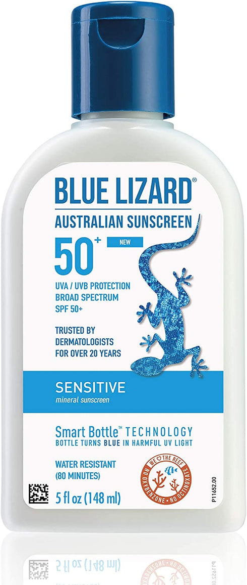 BLUE LIZARD Sensitive Mineral Sunscreen with Zinc Oxide, SPF 50+, Water Resistant, UVA/UVB Protection with Smart Bottle Technology - Fragrance Free, 5 oz