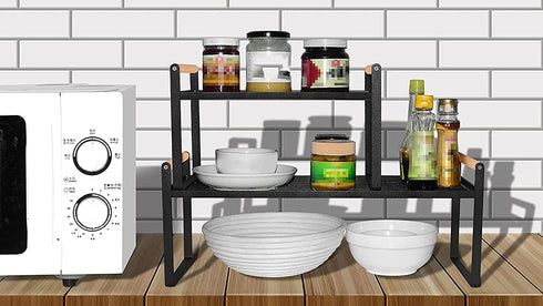 HGYZE Carbon Steel Kitchen Cabinet Counter Shelf Organizer, Sturdy Cupboard Stand Pantry Shelves - Add Storage Space to the countertop Bedroom Bathroom Office, Stackable Spice Rack (Black, 13€œx8.8)
