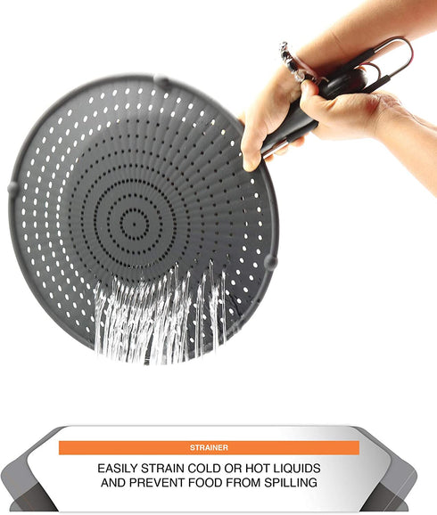 Beckon Ware NON-RUST Silicone Splatter Screen for Cooking- 11" or 13 inch Multi-Use Splatter Shield, Drain Board and Strainer. Non-Stick, Food Safe & Heat Resistant Universal Pan Cover, Black
