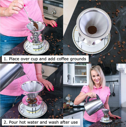 Pour Over Coffee Dripper - Slow Drip Ultra Fine Double Layer Pour Over Coffee Maker - 304 Stainless Steel Coffee Filter - Paperless and Reusable - Eco Friendly and Cost Saving