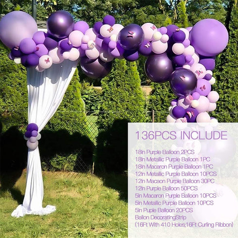 Nalwort Purple Balloon Kit 136PCS 18In 12In 5In Purple Macaron Purple Metallic Purple Balloon Arch Garland For Festival Picnic Family Engagement, Wedding, Birthday Party, Gold Theme Anniversary Celebration Decoration