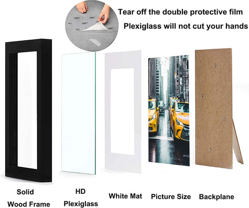 Picture Frame 8x10 Black Picture Frames Set of 4,Display Pictures 5x7 with Mat or 8x10 Without Mat,Solid Wood Photo Frames for Wall or Tabletop Display,Black