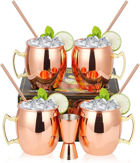 Pitmoly Moscow Mule Copper Mugs, Set of 4 Mugs, Smooth Surface Design 18 oz Copper Cups Set with 4 Cocktail Copper Straws and a Jigger