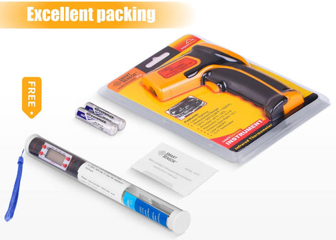 Infrared Thermometer, Digital IR Laser Thermometer Temperature Gun -26°F~1022°F (-32°C?550°C) Temperature Probe Cooking/Air/Refrigerator - Meat Thermometer Included -Non Body Thermometer