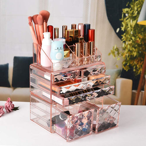ZHIAI Makeup Organizer Acrylic Cosmetic Storage Drawers and Jewelry Display Box Transparent (Style A(Pink Diamond): 1 Top, 2 Small, 2 Large, 2 Square Drawers)
