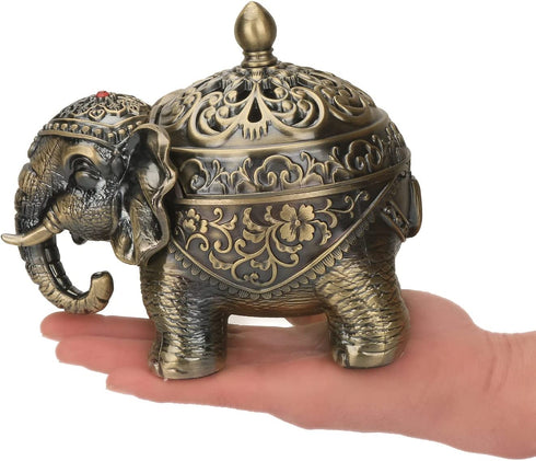 LIABI Incense Burner, Metal Backflow Cone Coil Stick Incense Holder Ash Catcher with Lid, Aromatherapy Ornament Home Decoration for Indoor Outdoor (Bronze Elephant)