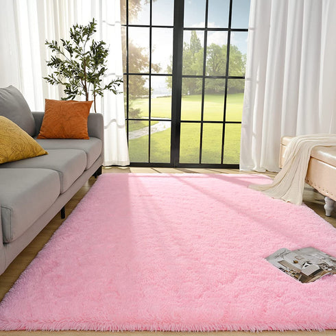 Lnoice Shaggy Rugs Fluffy Rug for Bedroom, Plush Rug Polyester Shag Area Rug, Shaggy Carpet Play Mat for Dorm Room Rug College Nursery Rugs Living Room Girls Kids Room Decor (3X5 Feet, Pink)