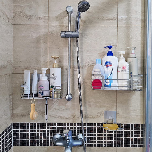 Yougai Shower Caddy Shelf Basket with Soap Dish and 4 Hooks, SUS304 Stainless Steel Shampoo Holder Bathroom Organizer No Drilling Adhesive Wall Mounted Storage Shelves for Kitchen, Toilet, Bathroom Rack Accessories-2 Pack, Silver