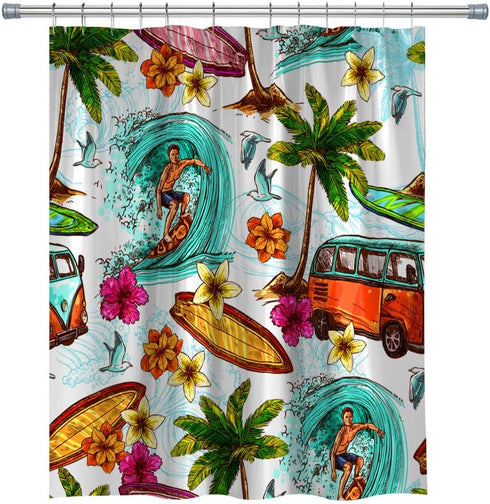 Summer Shower Curtain Beach Palm Tree Surfboard Surf Camping, Cloth Fabric Shower Curtain for Bathroom with Hooks, 71X 71 in