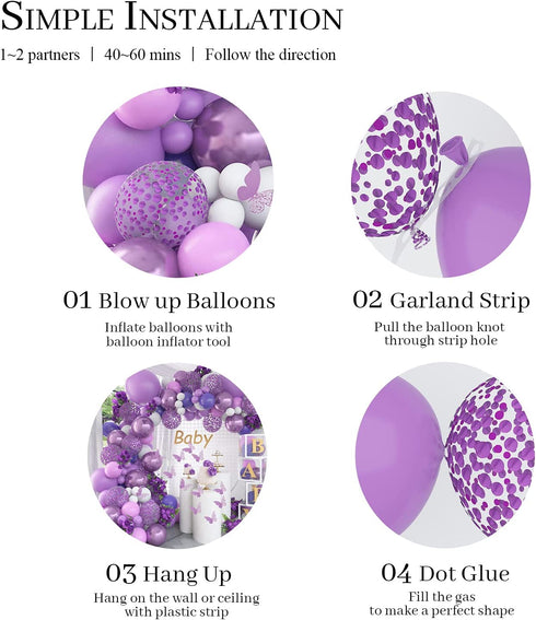 Pateeha Purple Balloon Garland Kit 145 Pcs Butterfly Baby Shower Decorations for Girl 12 Pcs Butterfly Stickers Balloons Arch White Metallic Purple Confetti for Birthday Wedding Party