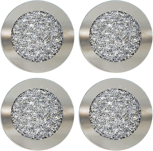 Glass Coasters for Drinks, Set of 4, Diamond Decor, Silver Crystal, Mirrored Elegant, Fancy, Glam, for Home Kitchen Table Bar Accessories, Round (4? x 4?)