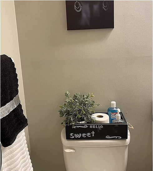 YCOCO Bathroom Decor Box,Country Decor and Farmhouse Bathroom Decor for The Home,Rustic Toilet Tank Tray and Wooden Bathroom Trays and Baskets for Counter,Black