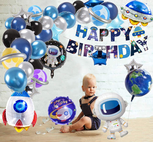 Outer Space Party Balloons, 60PCS Birthday Party Decorations Universe Space Theme Supplies Astronaut Balloon, Happy Birthday Banner Space Party Supplies for NASA Decorations for Birthday Party