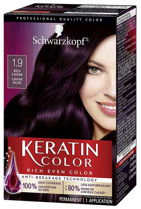Schwarzkopf Keratin Color Permanent Hair Color Cream, 1.9 Rich Caviar(Packaging May Vary), Pack of 1