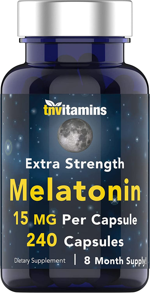 Melatonin 15 MG Per Capsule (240 Capsules) | All-Natural Sleeping Pills for Adults | Extra Strength Melatonin | Nighttime Sleep Aid | Natural Sleep Support Supplement | by TNVitamins