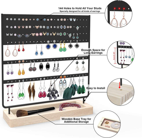 Earrings Organizer Jewelry Display Stand, 144 Holes Earring Holder Rack with Wooden Tray for Earrings Necklaces Bracelets and Rings Large Storage Earring Jewelry Display Tree as Women Girls Gift