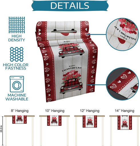 Rose Truck Valentines Day 108 Inches Long Table Runner for Dining Room, Rustic Wood Heart Cotton Linen Tablecloth Runners, Farmhouse Table Setting Decor for Wedding Party Holiday, Machine Washable.