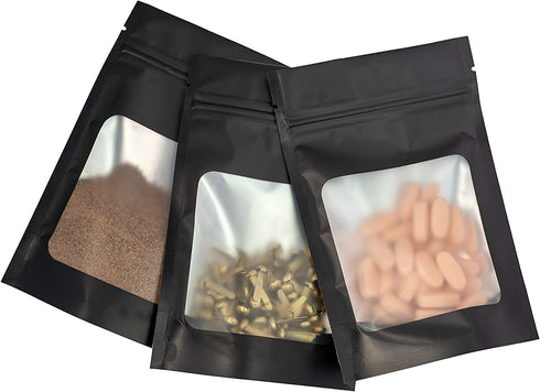 HANSER | Smell Proof Odorless Mylar Resealable Foil Pouch Bags with clear Window | Food Safe | Airtight | matte black | 100 Pieces | 4x6 inches