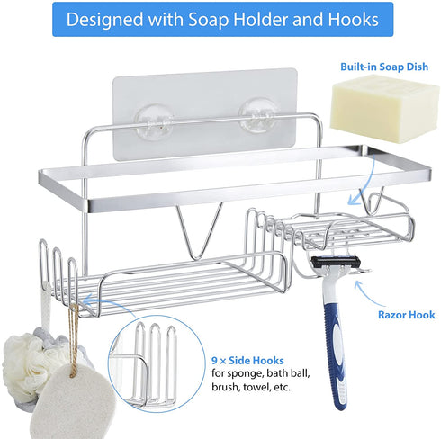AURIKAR Shower Caddy Adhesive Shower Organizer Rack with Hooks, No Drilling Stainless Steel Wall Hanging Shower Shelf for Inside Shower Bathroom Restroom Storage, Silver 2-Pack