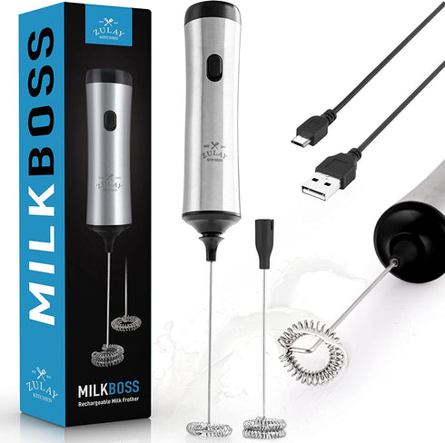 Zulay Super High Powered Rechargeable Milk Frother & Milk Foamer for Coffee - Portable Handheld Frother Whisk for Latte, Cappuccino, Matcha - Includes 1-Single & 1-Double Coil Whisks, Unlimited Life