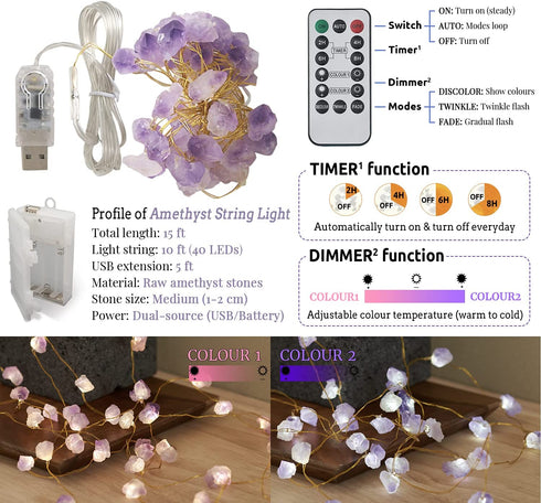 MIYA LIFE Natural Amethyst Raw Stones USB/Battery Powered 10FT 40 LEDs with Remote/Timer for Meditation Wedding Valentine's Day Present Bedroom Christmas Party Birthday Ornament