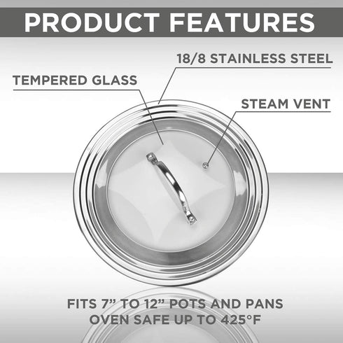 Stainless Steel Universal Lid for Pots, Pans and Skillets - Fits 7 In to 12 In Pots and Pans - Replacement Frying Pan Cover and Cast Iron Skillet Lid