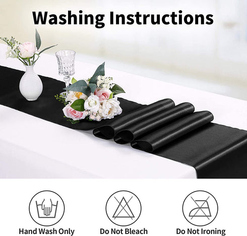 Hahuho 10-Pack Satin Table Runner Black 12 x 108 inches Long, Table Runners for Wedding, Birthday Parties, Banquets Decorations?10 Pack, 12x108 Inch, Black?
