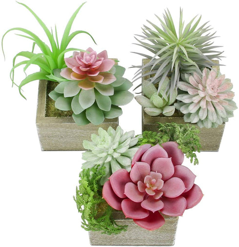 Mingfuxin Artificial Succulents Plants, Mini Assorted Green Faux Succulents in Pots, Small Succulents Plants Artificial with Wood Potted for Home Office Living Room Table Desk Plants Decor, Set of 3