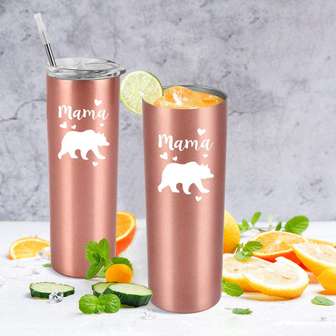 Qtencas Mama Bear Stainless Steel Skinny Tumbler, Double Wall Insulated Tumbler with Lid, Mother's Day Birthday Christmas Gifts for Mom Mother Wife Women, 20 Oz Slim Travel Water Tumbler, Rose Gold