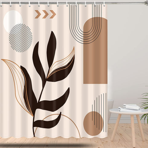 Modern Abstract Shower Curtain Mid Century Shower Curtain Set Minimalist Geometric Plant Arch Curve Sun Waterproof Bathtub Curtains with 12 Hooks Bathroom Decor W59—H70