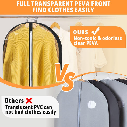 FADOTY 40" Hanging Garment Bag for Storage 6.3" Gusseted Garment Bags for Hanging Clothes Storage Jacket Covers for Closet with Zipper Clear Garment Cover Dustproof for Coats Sweaters, 3 Pack, Black