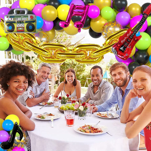 90S 80S Themed Balloon Garland Party Decorations Purple Rose Red Green Yellow Blue Black Gold Confetti Balloons Chain Radio Guitar Music Note Foil Balloon for Back to 90's 80's Hip Pop Party Decor
