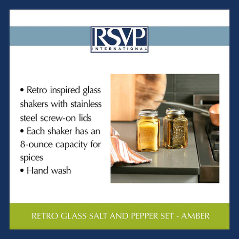 RSVP International Retro Glass Salt & Pepper Shaker | Stainless Steel Lids |, 8 oz, Amber
