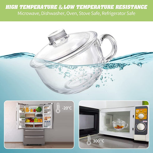 Glass Cereal Bowl Glass Soup Bowl with Handle , Clear Small Bowls with Glass Lid Oatmeal Breakfast Bowls Microwave Safe Glassware Yogurt Bowl for Dessert Pasta Rice,600ml/20 oz