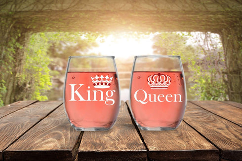 King and Queen 15oz Crystal Wine Glass Set- Unique Engagement for Him and Her - Fiance Fiancee Engagement Wedding Anniversary for Couple Bride Groom - CBT Wine Glasses