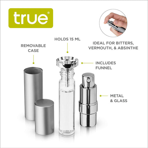 True Martini Atomizer Bar Mister with Refillable Funnel for Vermouth Spray Glass Canister with Stainless Steel Case, 1 Count (Pack of 1), Silver