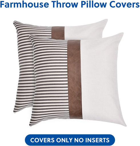 HOMFINE Farmhouse Throw Pillow Covers 18 x 18 - Decorative Accent Pillow Cover Set of 2 , Modern Decor Stripe Faux Leather Patchwork Square Cushion Pillow Case for Couch Sofa, Grey