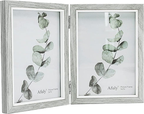 Afuly Grey Picture Frame 5x7 Double Wooden Hinged Photo Frames 2 Openings Tabletop Desk Display Farmhouse Decor Unique Gifts