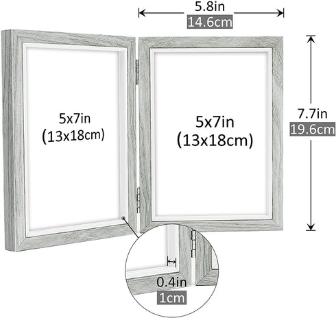 Afuly Grey Picture Frame 5x7 Double Wooden Hinged Photo Frames 2 Openings Tabletop Desk Display Farmhouse Decor Unique Gifts