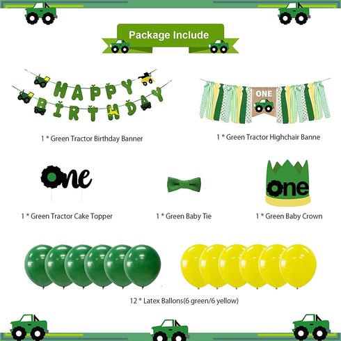 PRATYUS Farm Green Tractor First Birthday Party Decoration With Green Birthday Banner,Baby Crown Hat, Tie and Cake Topper for Baby Girl Boy Photo Booth Props