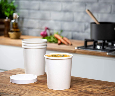 32 oz. Paper Food Containers With Vented Lids, To Go Hot Soup Bowls, Disposable Ice Cream Cups, White - 25 Sets