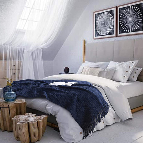 Chunky Knit Throw Blanket, Navy Blue Soft Warm Cozy Bed Throw Blanket with Tassels, Boho Style Textured Knitted Home Decorative Blanket for Couch, Sofa &Bed, 50"x60"