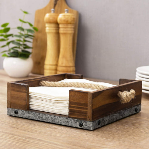 MyGift Rustic Dark Brown Burnt Wood & Galvanized Metal Kitchen Napkin Holder Dispenser Rack with Weighted Rope Rest Design