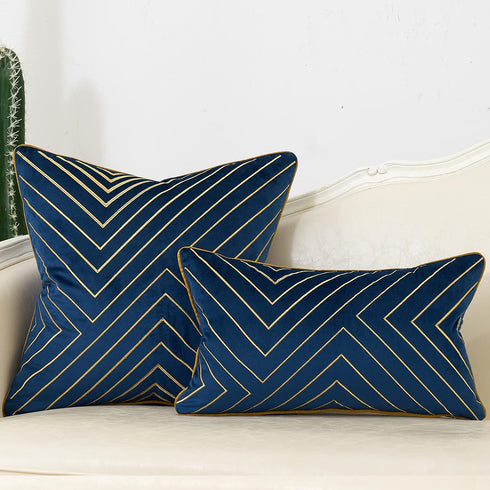 Avigers 20 x 20 Inch Navy Blue Gold Striped Geometric Lines Embroidery Velvet Cushion Case Luxury Modern Throw Pillow Cover Decorative Pillow for Couch Living Room Bedroom Car 50 x 50cm