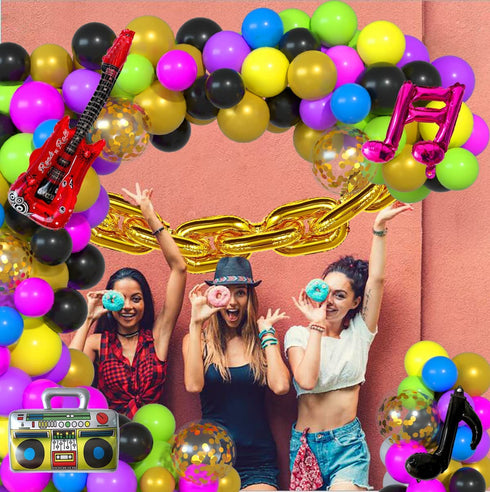 90S 80S Themed Balloon Garland Party Decorations Purple Rose Red Green Yellow Blue Black Gold Confetti Balloons Chain Radio Guitar Music Note Foil Balloon for Back to 90's 80's Hip Pop Party Decor