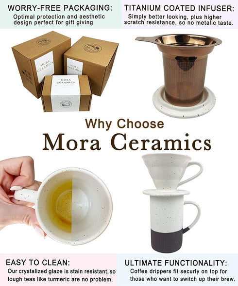 Mora Ceramics Tea Cup with Loose Leaf Infuser, Spoon and Lid, 12 oz, Microwave and Dishwasher Safe Coffee Mug - Rustic Matte Ceramic Glaze, Modern Herbal Tea Strainer - Great Gift for Women, Limestone