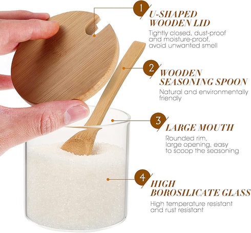 UPKOCH 2pcs Condiment Spice Jars Glass Condiment Seasoning Container Pots with Spoon Wood Lids Storage Canister for Kitchen